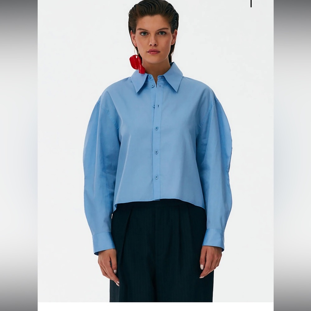 Miles Shirting Scallop Sleeve Cropped Boyfriend Shirt